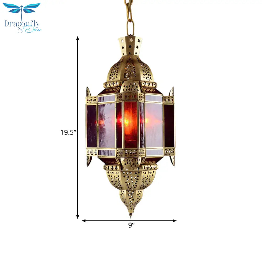 3 Heads Red Glass Suspension Light Arabian Brass Lantern Pendant Chandelier With Cutout Decor