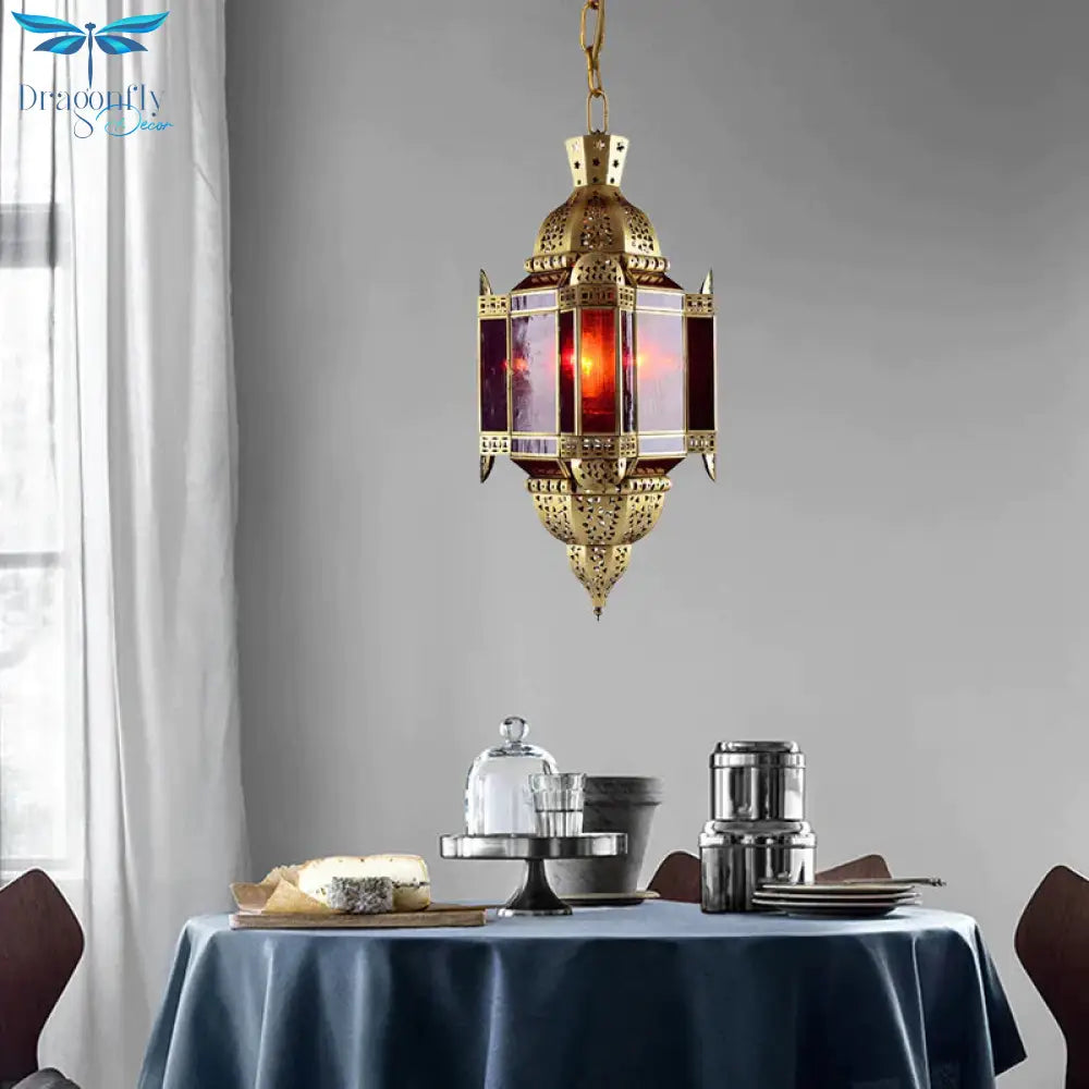3 Heads Red Glass Suspension Light Arabian Brass Lantern Pendant Chandelier With Cutout Decor