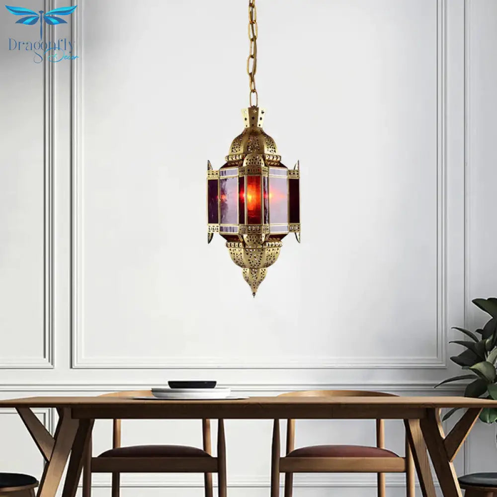 3 Heads Red Glass Suspension Light Arabian Brass Lantern Pendant Chandelier With Cutout Decor