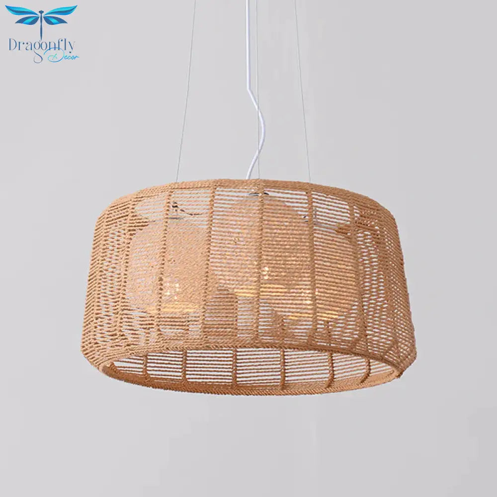 3 - Light Guest Room Ceiling Chandelier Chinese Beige Pendant Light With Drum Bamboo Cage