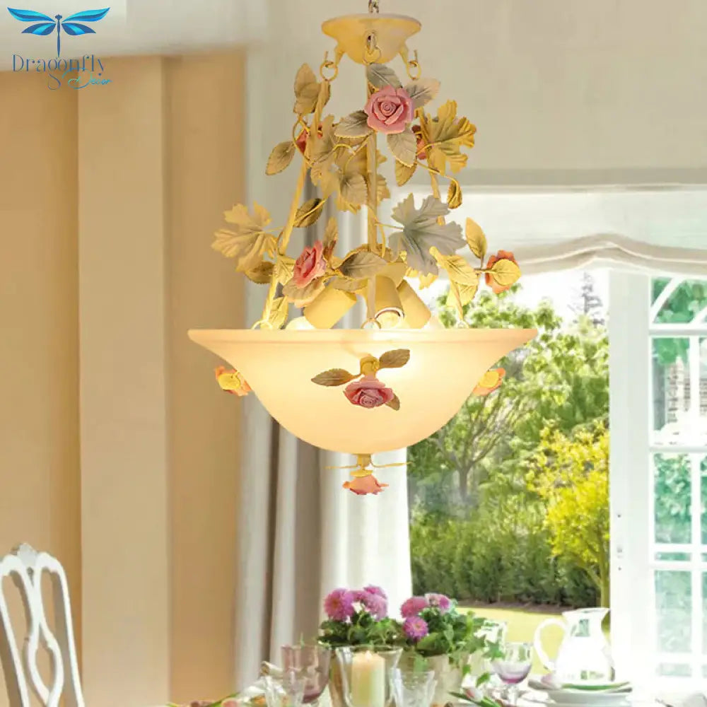 3 - Light Inverted Hat Shade Chandelier American Flower Green Opaline Glass Ceiling Pendant Lamp
