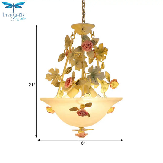 3 - Light Inverted Hat Shade Chandelier American Flower Green Opaline Glass Ceiling Pendant Lamp