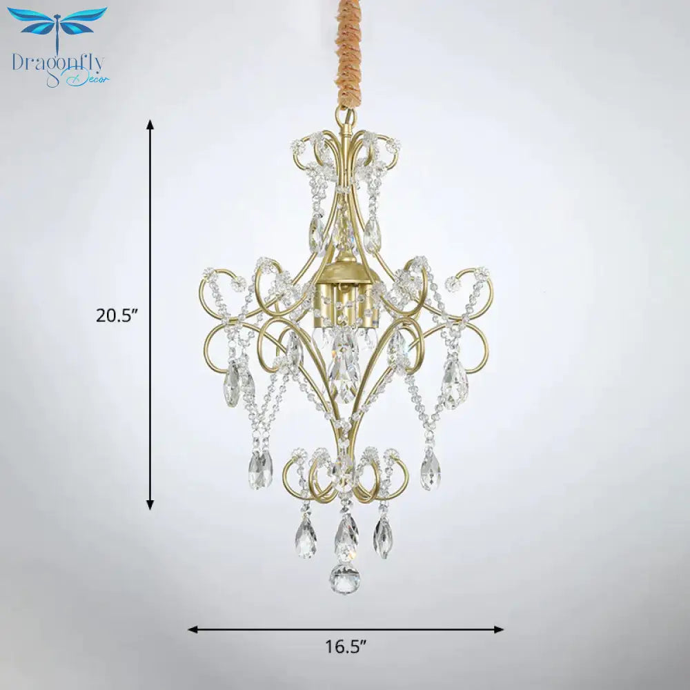 3 Lights Beaded Chandelier Lighting Country Gold Finish Crystal Pendant Light Kit With Scrollwork
