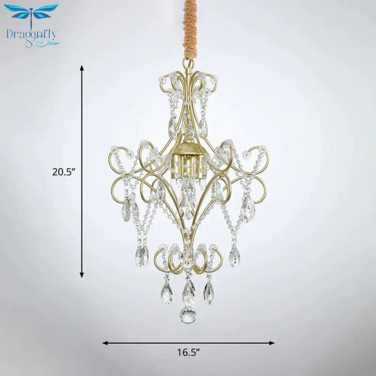 3 Lights Beaded Chandelier Lighting Country Gold Finish Crystal Pendant Light Kit With Scrollwork