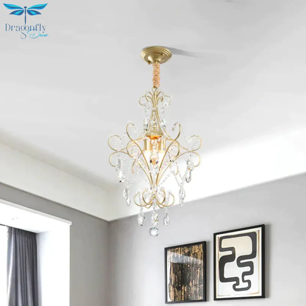 3 Lights Beaded Chandelier Lighting Country Gold Finish Crystal Pendant Light Kit With Scrollwork