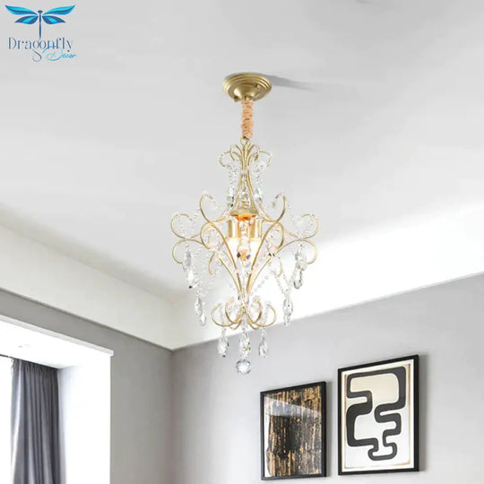 3 Lights Beaded Chandelier Lighting Country Gold Finish Crystal Pendant Light Kit With Scrollwork