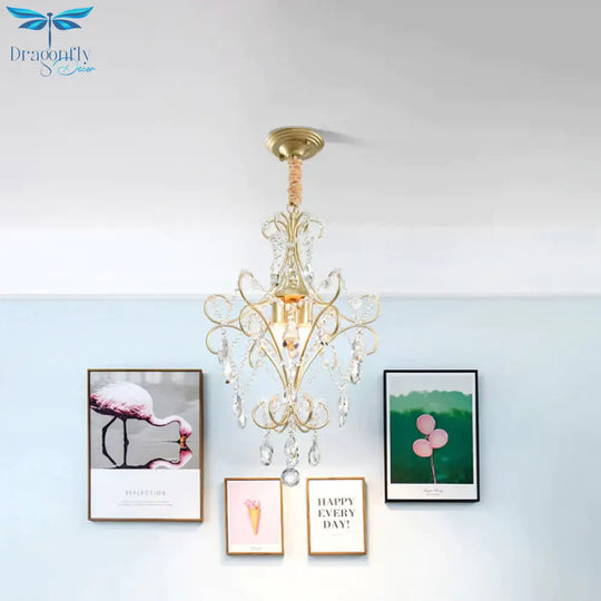 3 Lights Beaded Chandelier Lighting Country Gold Finish Crystal Pendant Light Kit With Scrollwork