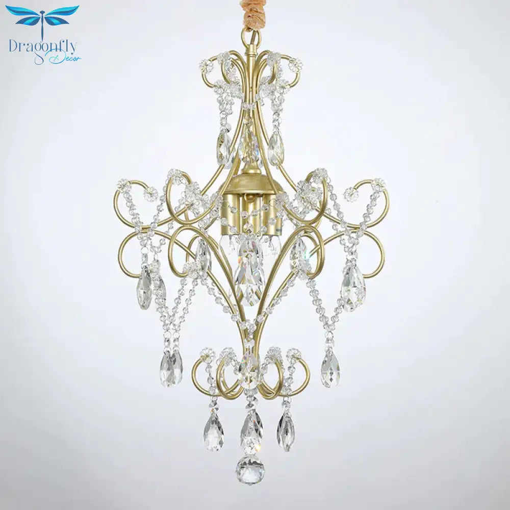 3 Lights Beaded Chandelier Lighting Country Gold Finish Crystal Pendant Light Kit With Scrollwork