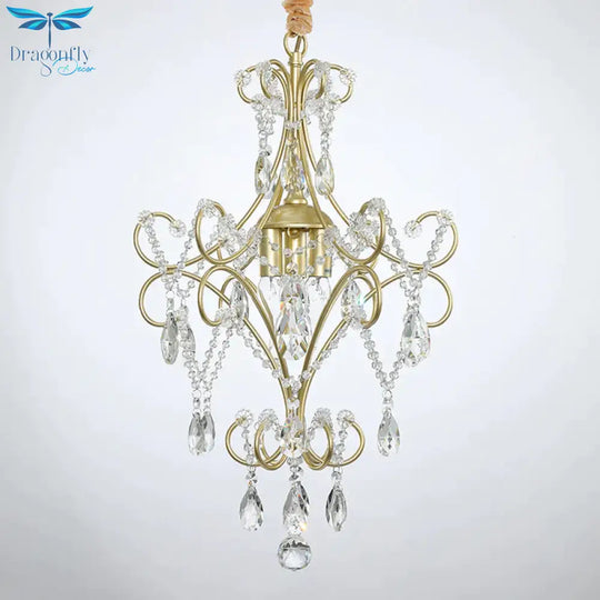 3 Lights Beaded Chandelier Lighting Country Gold Finish Crystal Pendant Light Kit With Scrollwork