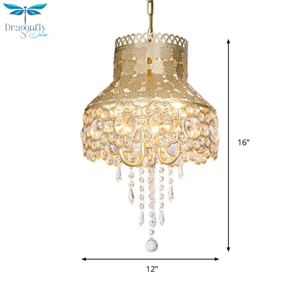 3 Lights Ceiling Chandelier Vintage Urn Shape Metal Pendant Lamp In Brass With Crystal Decoration