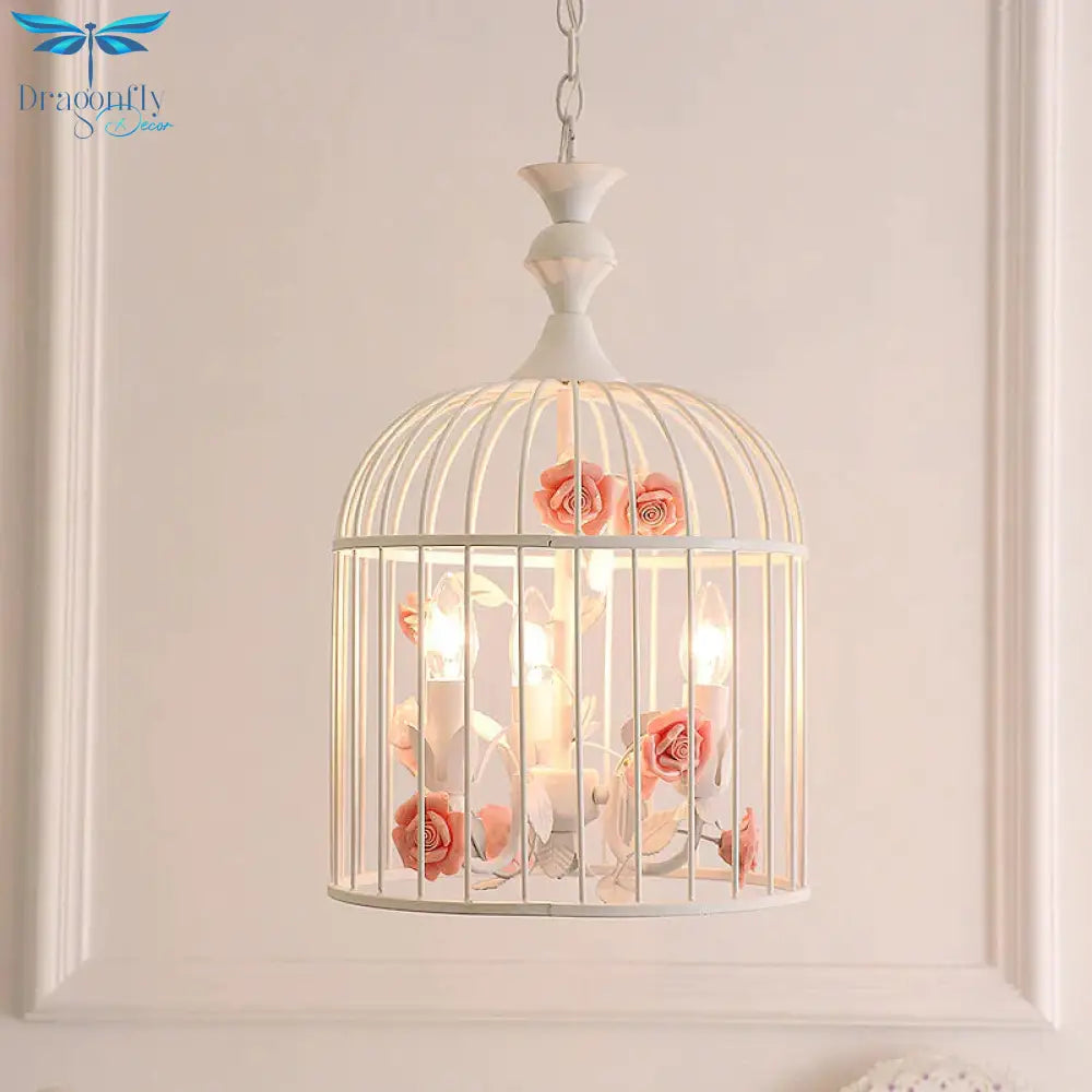 3 Lights Chandelier Light Rustic Birdcage Metal Hanging Ceiling With Blue/Pink Flower Decoration