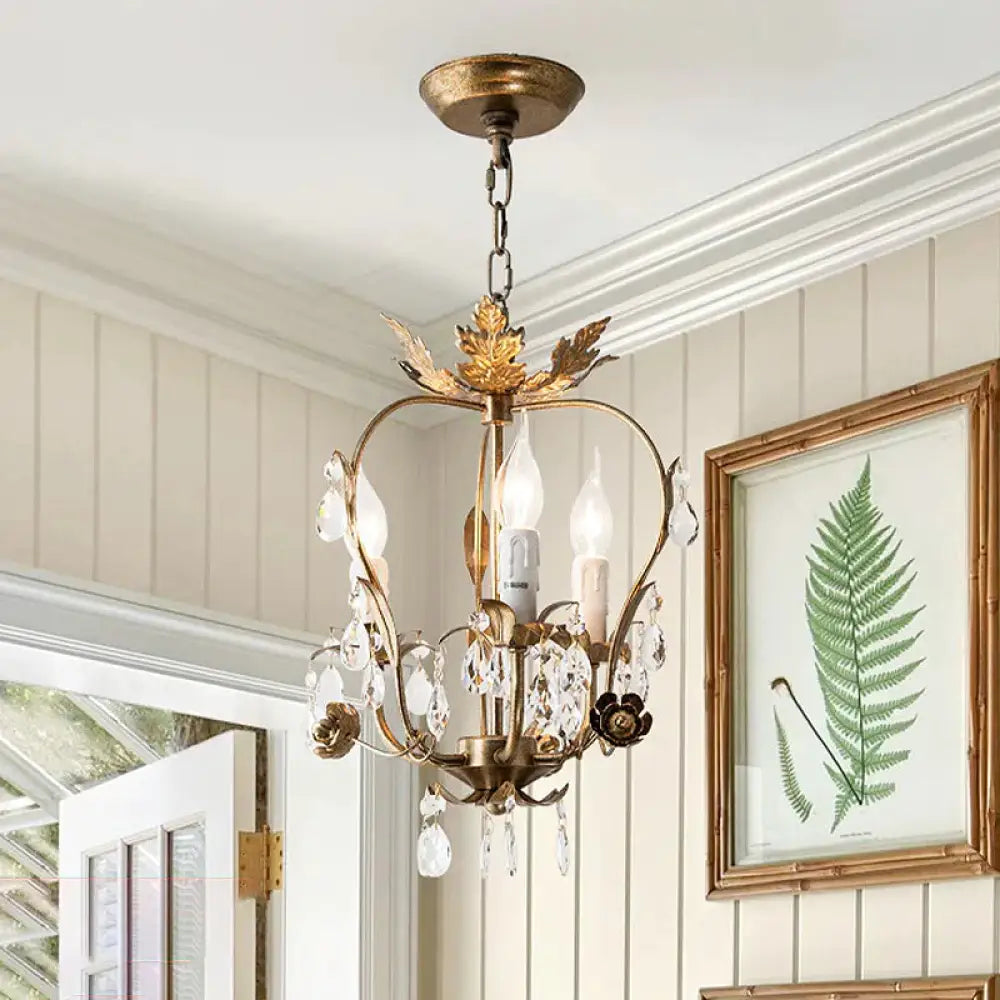 3 Lights Chandelier Pendant Countryside Inverted Pear Frame Crystal Hanging Lamp In Antiqued Brass