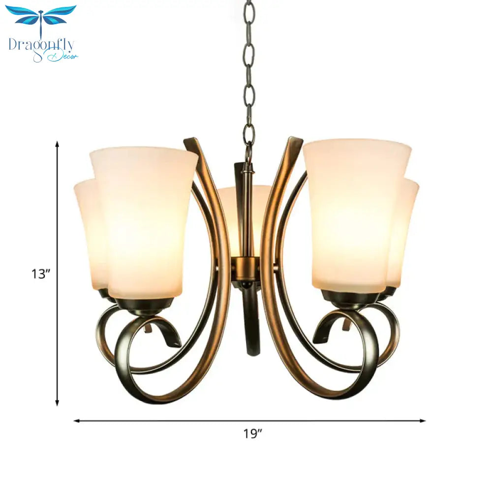 3 Lights Curving Hanging Lamp Vintage Brass Frosted Glass Chandelier Pendant Light For Restaurant