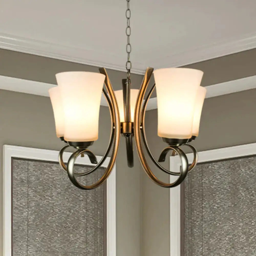 3 Lights Curving Hanging Lamp Vintage Brass Frosted Glass Chandelier Pendant Light For Restaurant