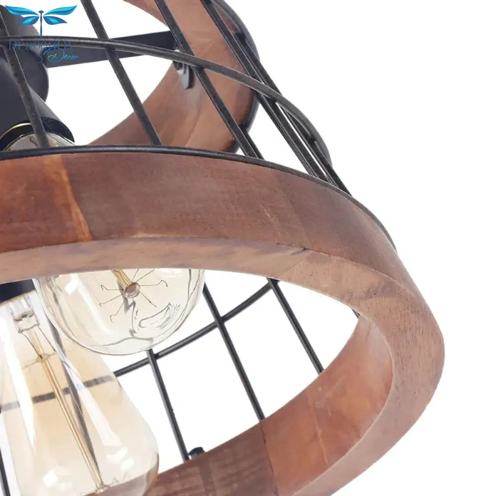 3 Lights Drum Ceiling Pendant Vintage Wood Metal Chandelier Lighting With Cage