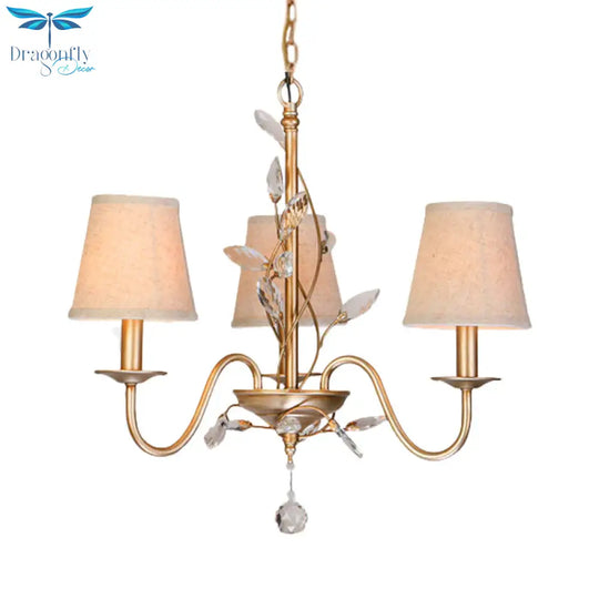 3 Lights Hanging Lighting Traditional Branch Faceted Crystal Chandelier Lamp In Gold With Barrel