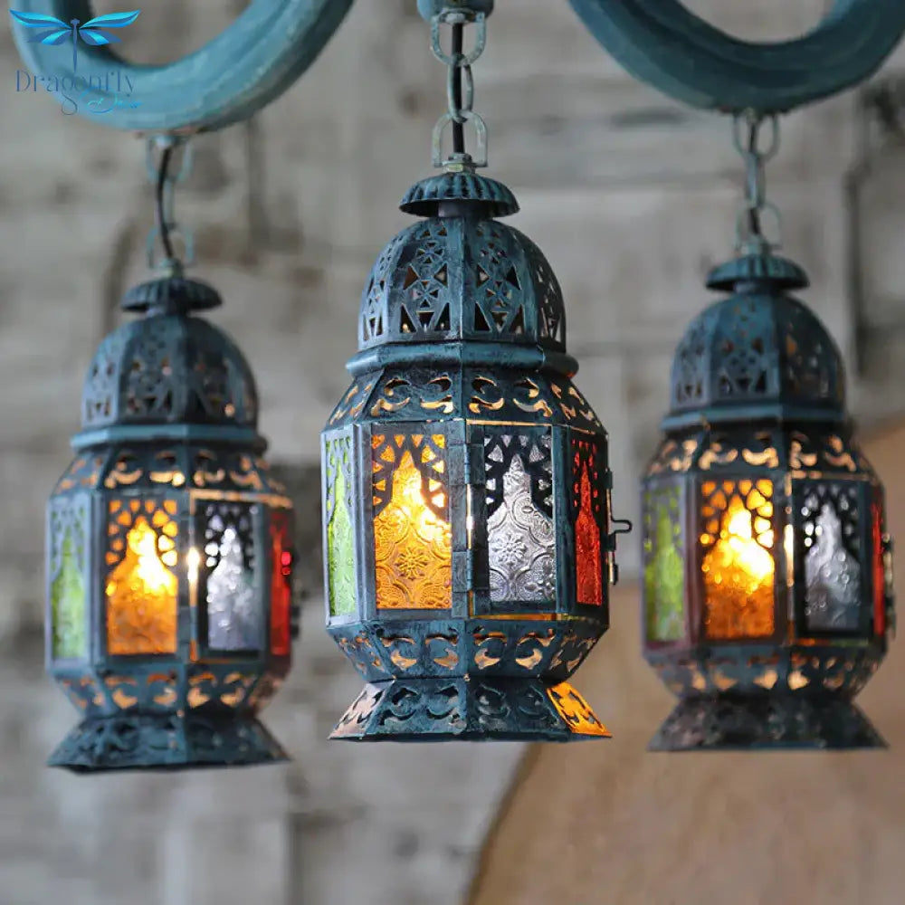 3 Lights Lantern Pendant Chandelier Mediterranean Blue Metal Hanging Lamp With Wooden Hook Rod