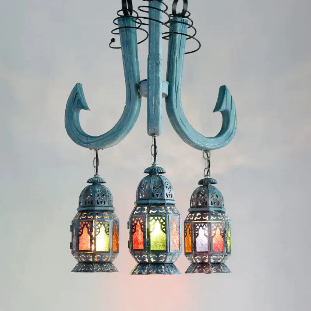 3 Lights Lantern Pendant Chandelier Mediterranean Blue Metal Hanging Lamp With Wooden Hook Rod