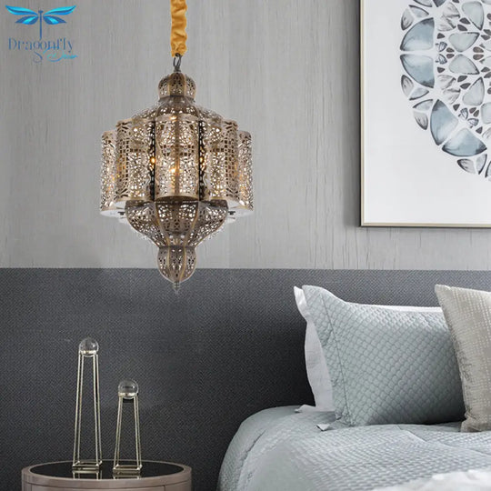 3 Lights Metal Hanging Chandelier Vintage Brass Castle Shape Living Room Suspension Lamp With