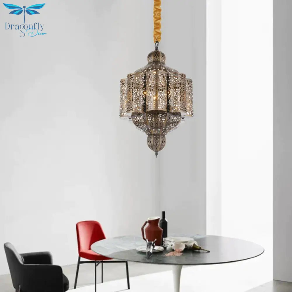 3 Lights Metal Hanging Chandelier Vintage Brass Castle Shape Living Room Suspension Lamp With
