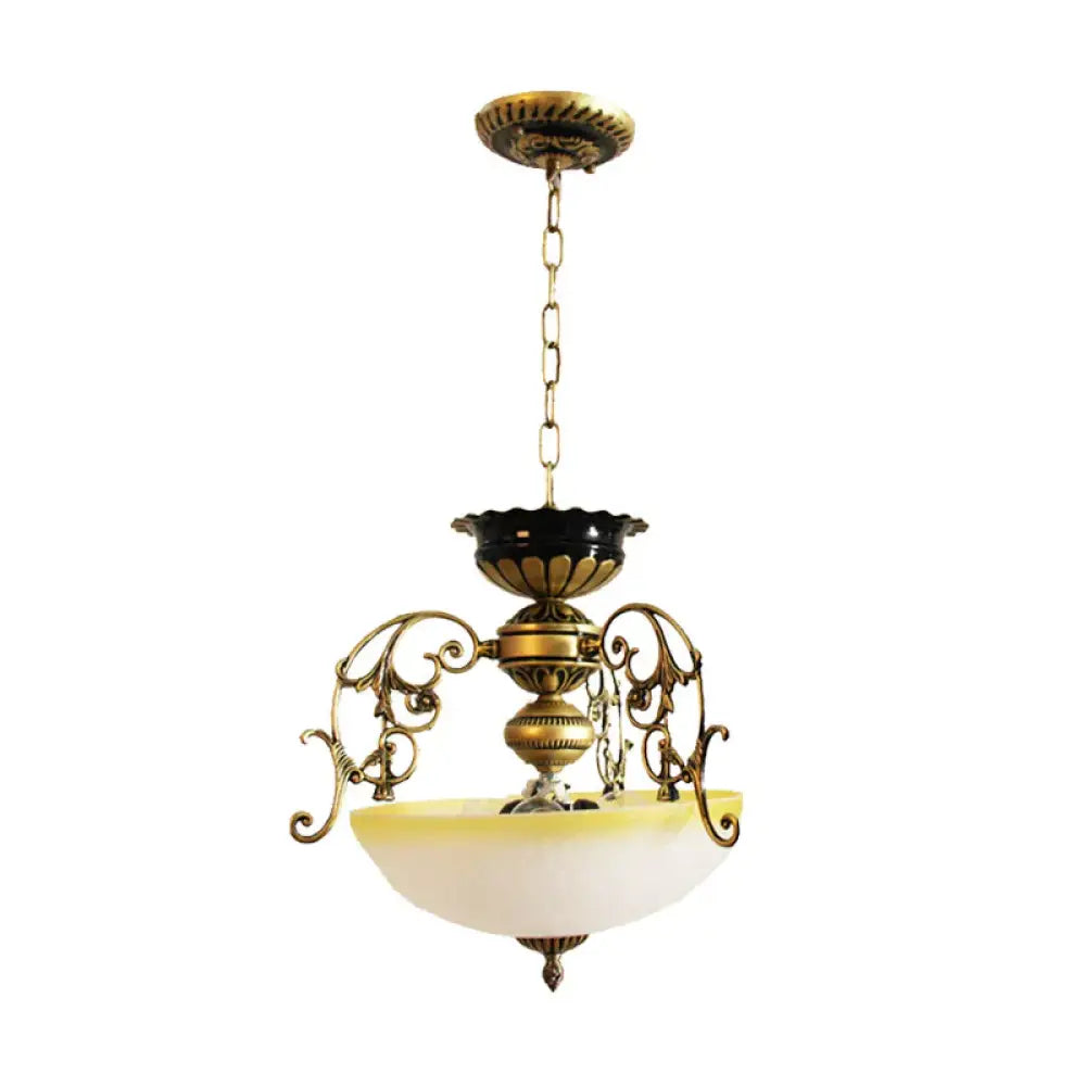 3 Lights Pendant Chandelier Country Bowl - Like Milk Glass Pendulum Lighting With Branch Decor In