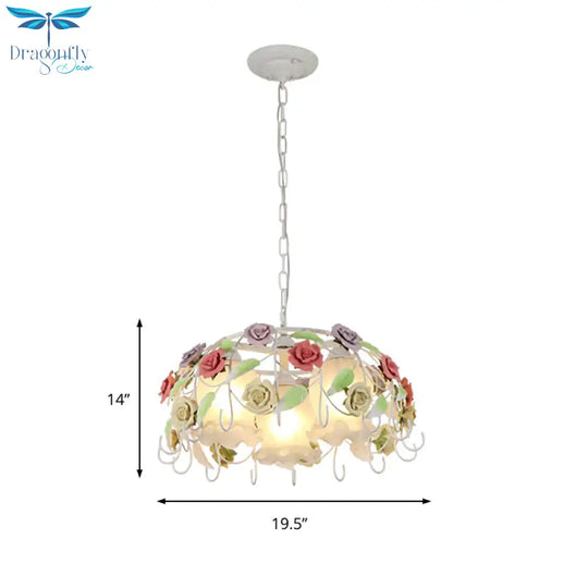 3 Lights Suspension Pendant Countryside Flower White Glass Hanging Chandelier With Bird Nest Cage
