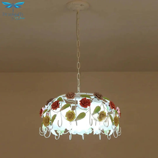 3 Lights Suspension Pendant Countryside Flower White Glass Hanging Chandelier With Bird Nest Cage