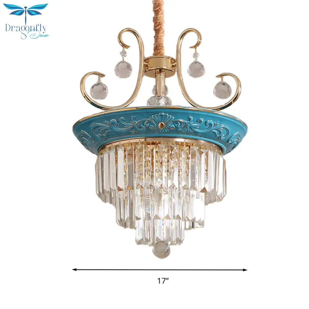3 Tiers Tri - Sided Crystal Rod Chandelier Light Simple Style 3/5 Heads Blue Ceiling Fixture