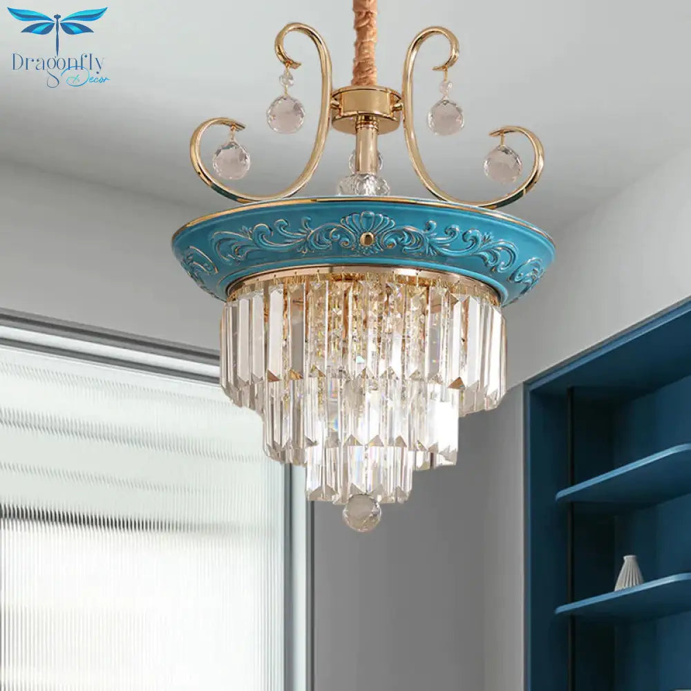 3 Tiers Tri - Sided Crystal Rod Chandelier Light Simple Style 3/5 Heads Blue Ceiling Fixture
