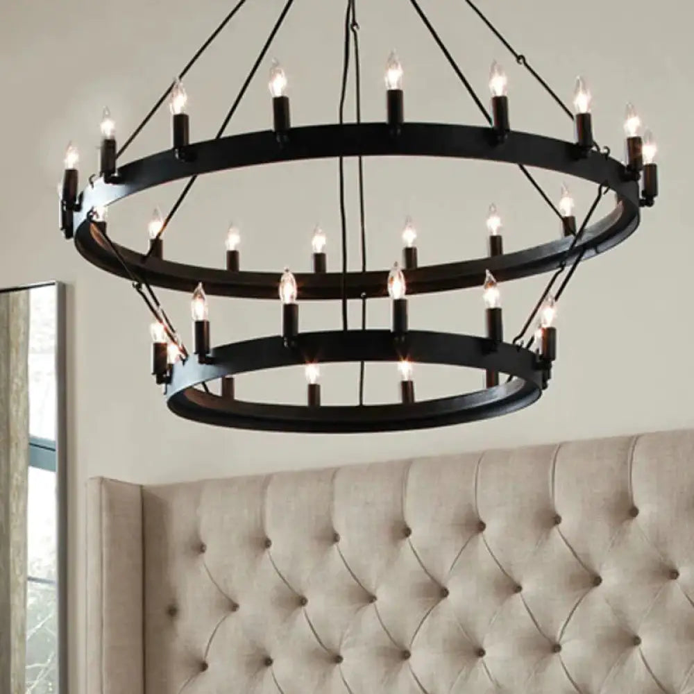 30 Lights Candle Style Hanging Lamp Kit Countryside Black Metal Chandelier Lighting With Round Ring