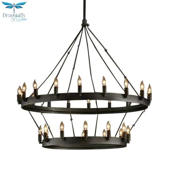 30 Lights Candle Style Hanging Lamp Kit Countryside Black Metal Chandelier Lighting With Round Ring