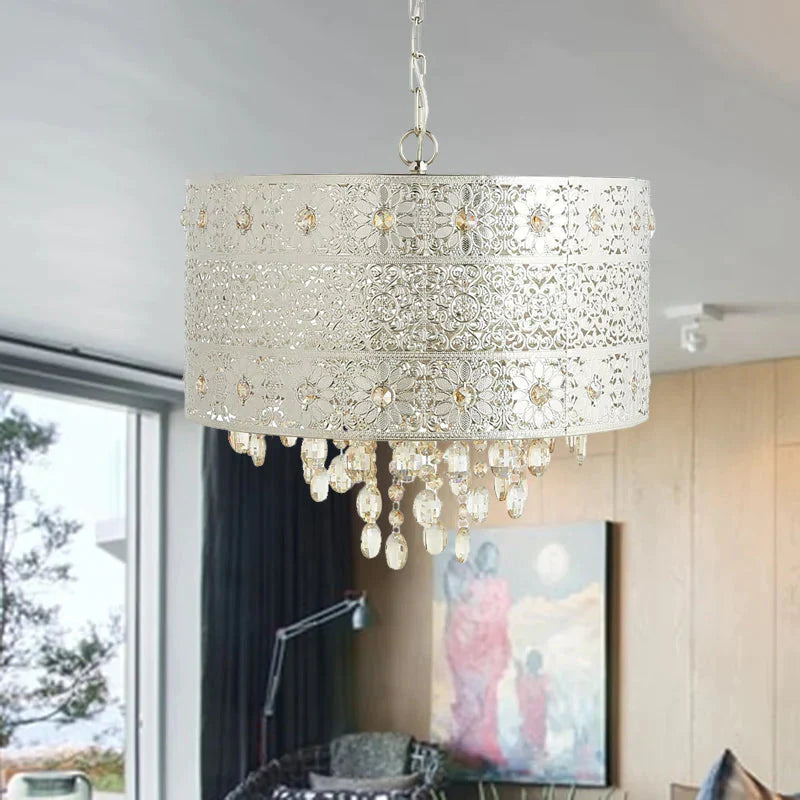Mid - Century Drum Ceiling Chandelier Clear K9 Crystal 4 Bulbs Dining Table Pendant Lamp In Silver
