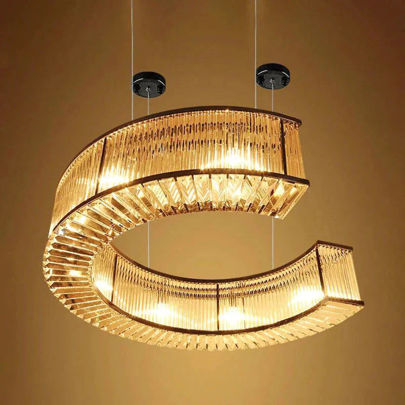6 Bulbs Crystal Block Hanging Chandelier Vintage Gold C - Shaped Living Room Pendant Lighting