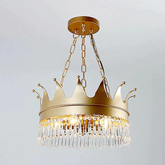 Gold 5 Heads Chandelier Lighting Traditionalism Faceted Crystal Crown Pendant Ceiling Light For