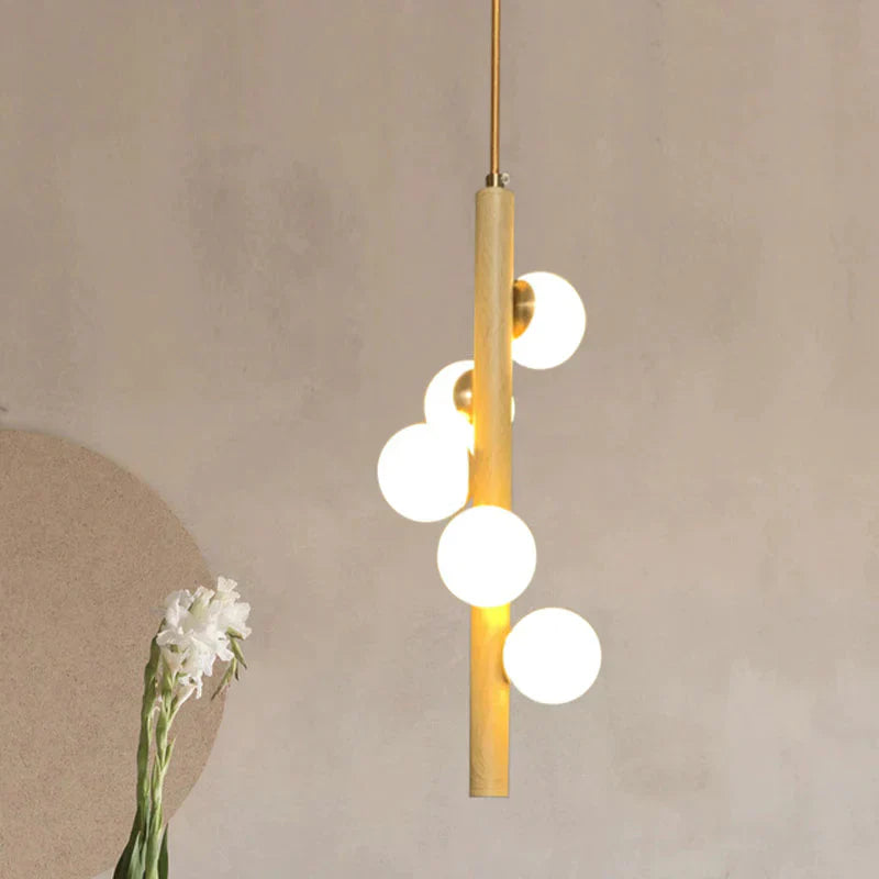 Tube Wood Chandelier Lighting Fixture Asian Style 5 Heads Beige Hanging Ceiling Lamp With Bubble