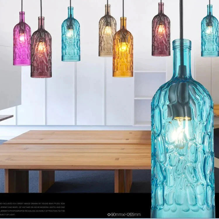 Loft Modern Colorful Winebottle Glass Pendant Lights Cord E27 Led Lamp For Kitchen Restaurant