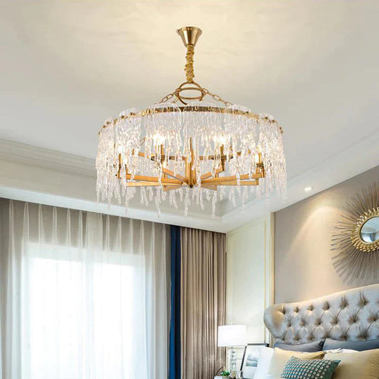 6 Heads Cascade Chandelier Lamp Modernist Crystal Ceiling Hanging Light In Brass For Living Room