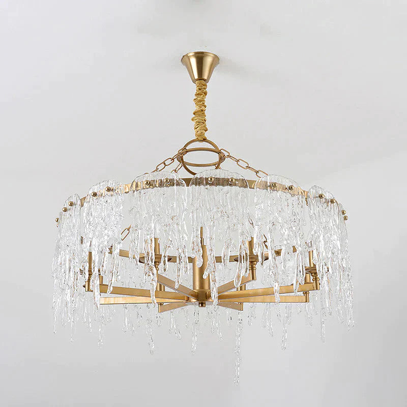 6 Heads Cascade Chandelier Lamp Modernist Crystal Ceiling Hanging Light In Brass For Living Room
