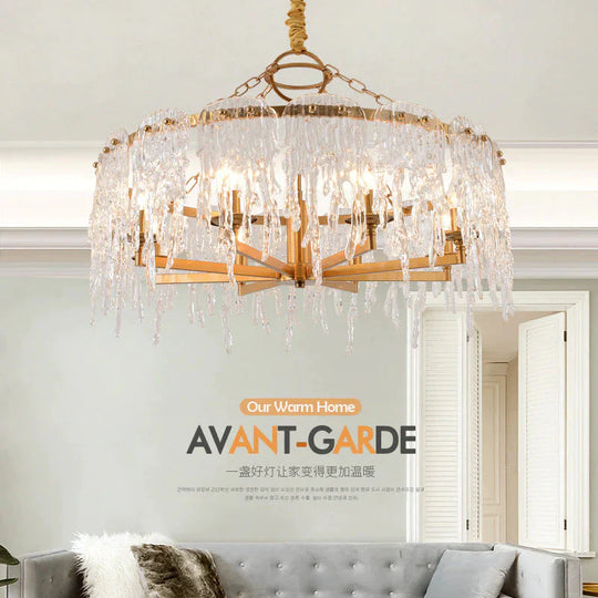 6 Heads Cascade Chandelier Lamp Modernist Crystal Ceiling Hanging Light In Brass For Living Room