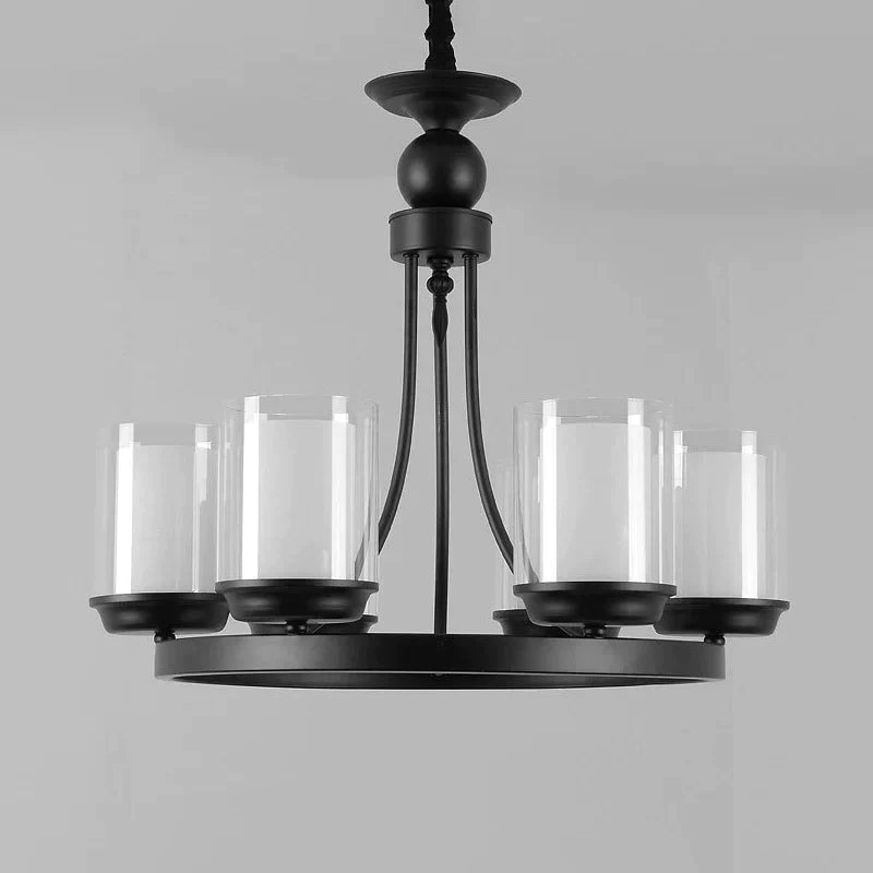 Traditional Cylindrical Clear Glass Pendant Ceiling Lamp In Black 4/6/8 Bulbs Chandelier