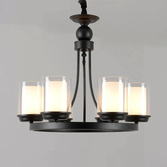Traditional Cylindrical Clear Glass Pendant Ceiling Lamp In Black 4/6/8 Bulbs Chandelier