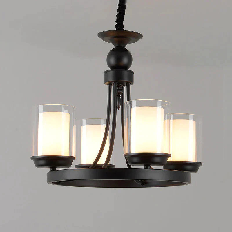 Traditional Cylindrical Clear Glass Pendant Ceiling Lamp In Black 4/6/8 Bulbs Chandelier