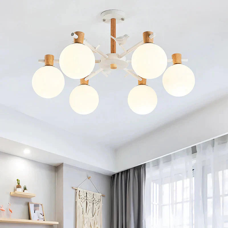 White Glass Sphere Hanging Chandelier Asian 6/8 Bulbs Pendant Lighting Fixture With Bird