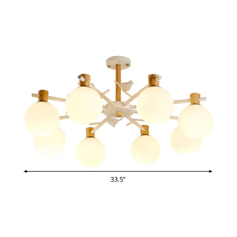 White Glass Sphere Hanging Chandelier Asian 6/8 Bulbs Pendant Lighting Fixture With Bird