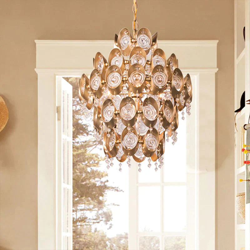 5 Lights Chandelier Traditional - Style Round Crystal Hanging Pendant Light In Gold