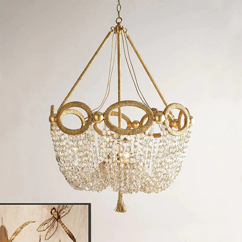 Simple Basket Chandelier Light Fixture 4 Lights Crystal Pendant Lighting In Gold For Living Room