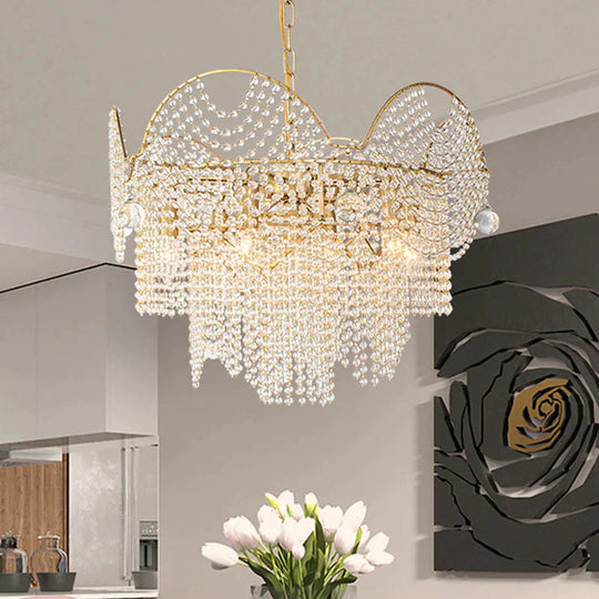 7 Lights Chandelier Lighting Rural Layered Crystal Hanging Pendant Light In Gold For Living Room