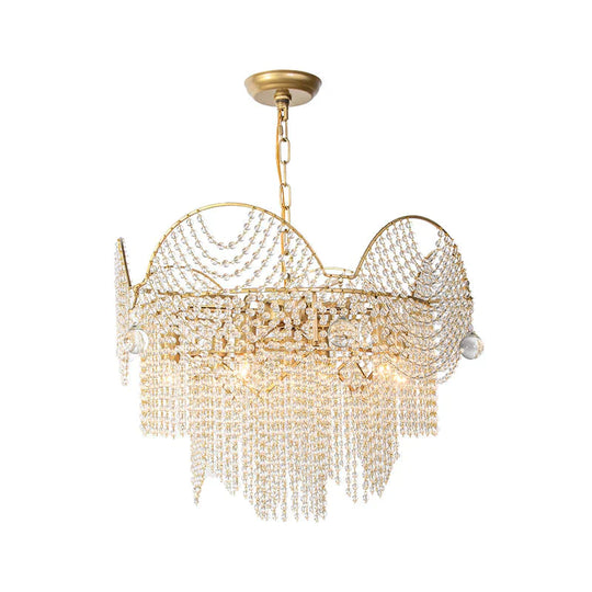 7 Lights Chandelier Lighting Rural Layered Crystal Hanging Pendant Light In Gold For Living Room
