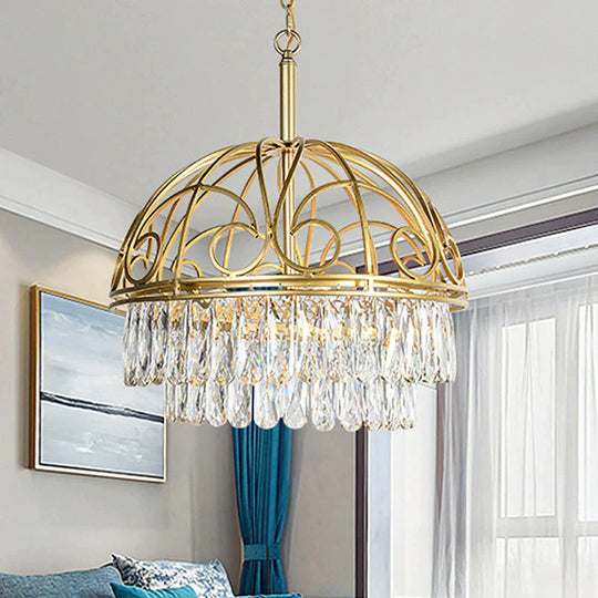 Domed Crystal Chandelier Lamp Lodge 6 Lights Living Room Ceiling Hang Fixture In Gold