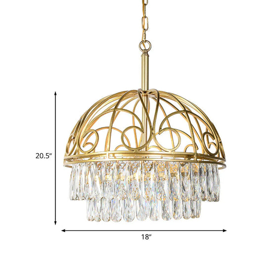 Domed Crystal Chandelier Lamp Lodge 6 Lights Living Room Ceiling Hang Fixture In Gold